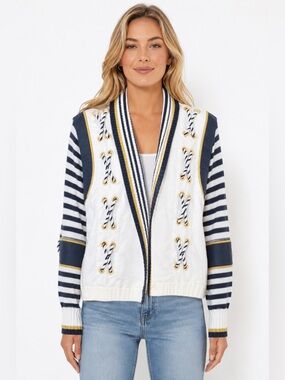 Vintage Sideffects Womens Open Cardigan White/Navy S  Cotton Striped Nautical